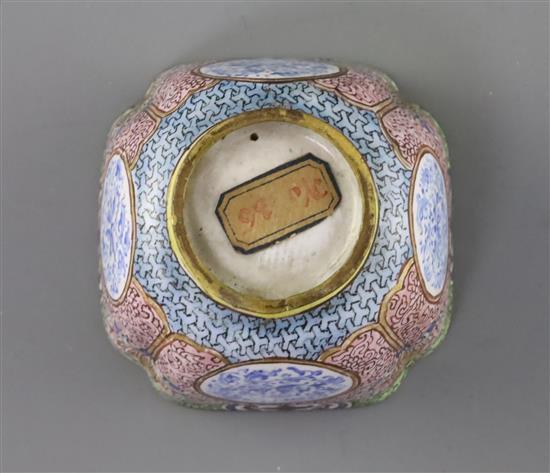 A Chinese enamel on copper cup, 18th century, W. 4.8cm, hairlines to interior